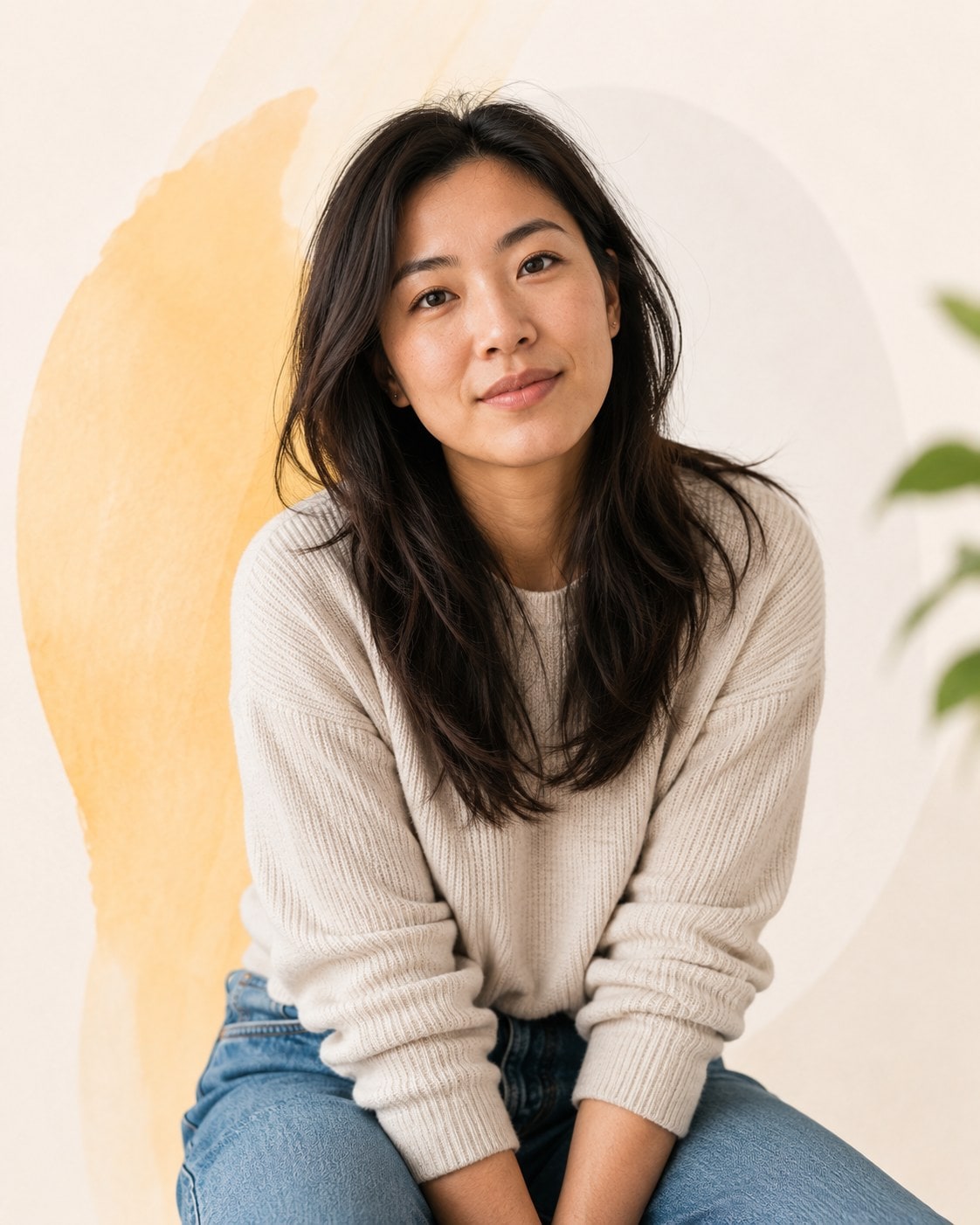 A woman with long dark hair in a cream sweater, sitting with her hands in her lap and a calm, level gaze.