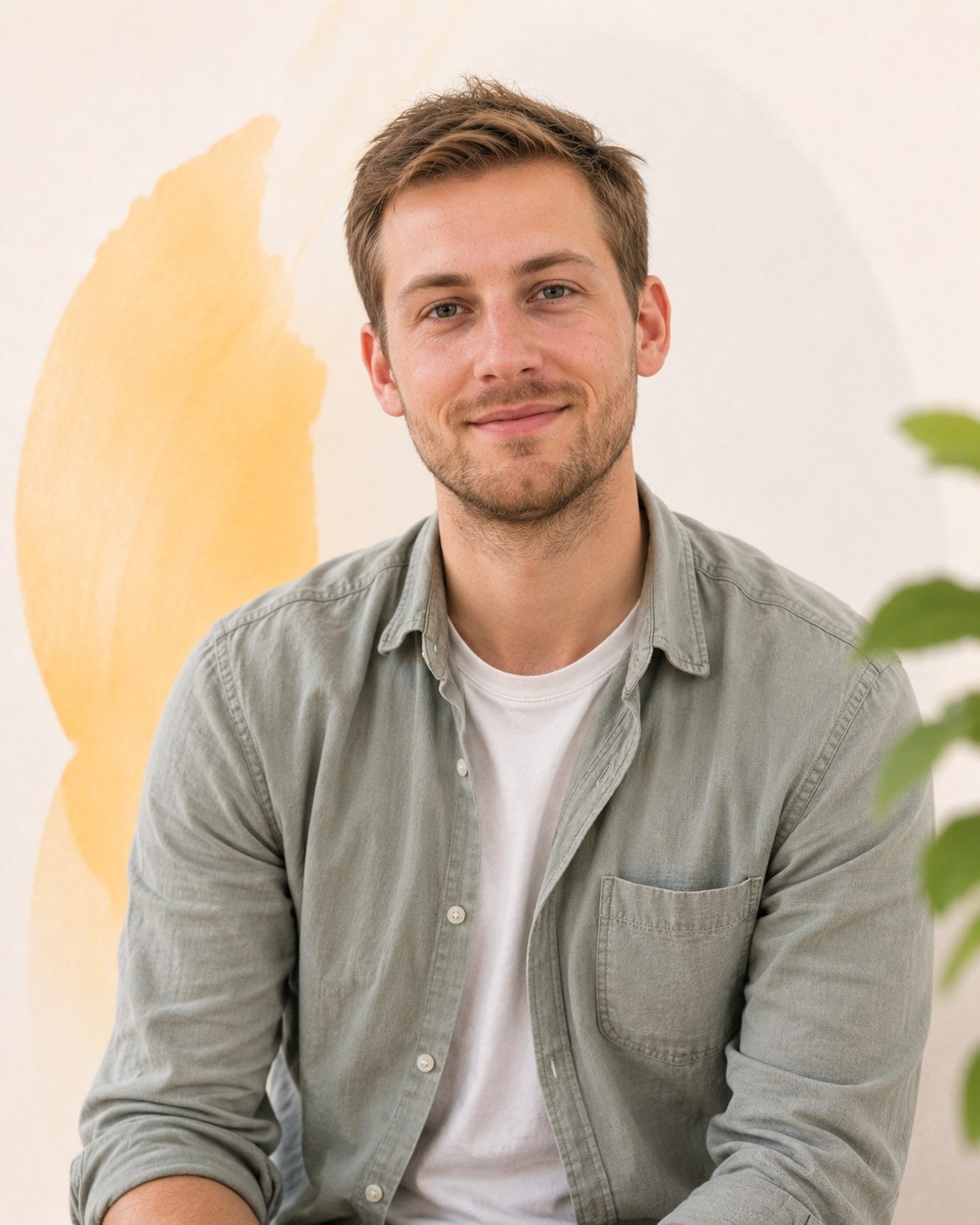 A young man with short fair hair in a sage overshirt, half-smiling with his hands loosely clasped.