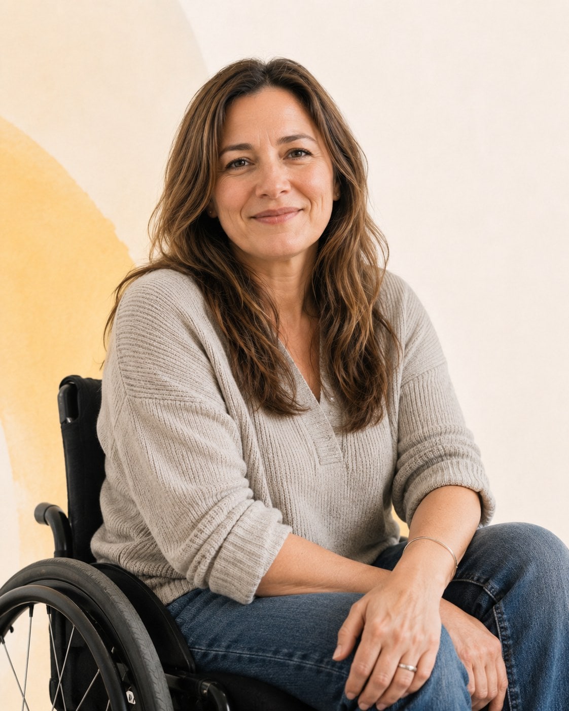 A woman in a cream sweater seated in a wheelchair, one arm resting on the frame, smiling slightly.