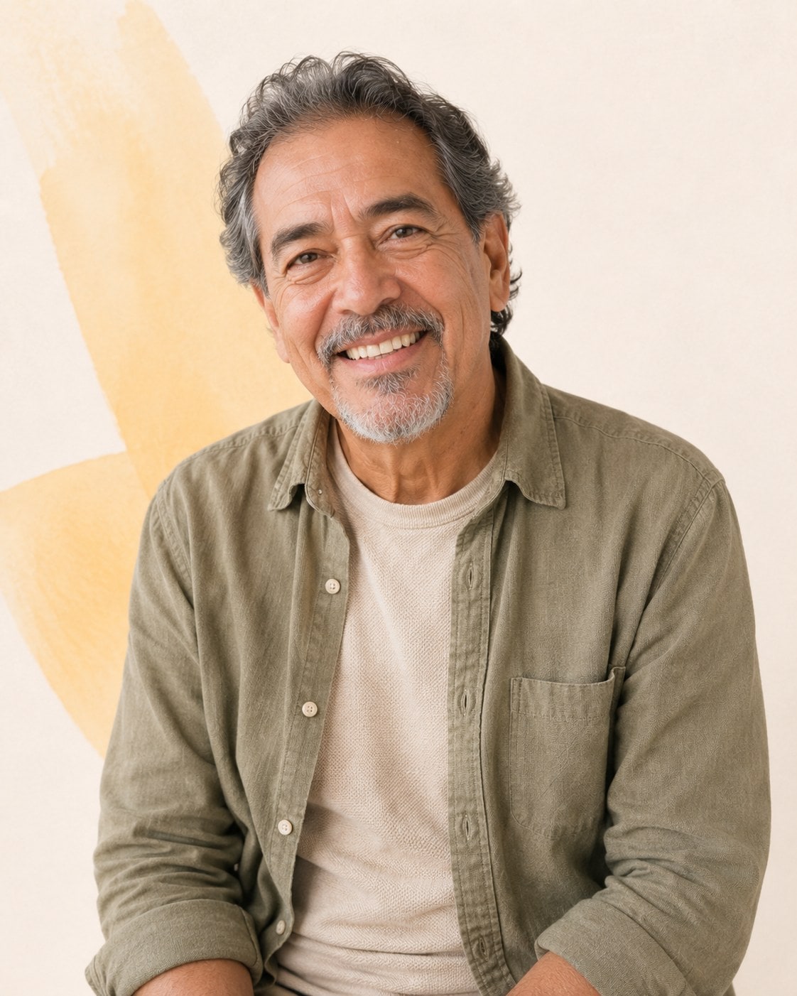 An older man with grey hair and a moustache in an olive overshirt, laughing warmly.