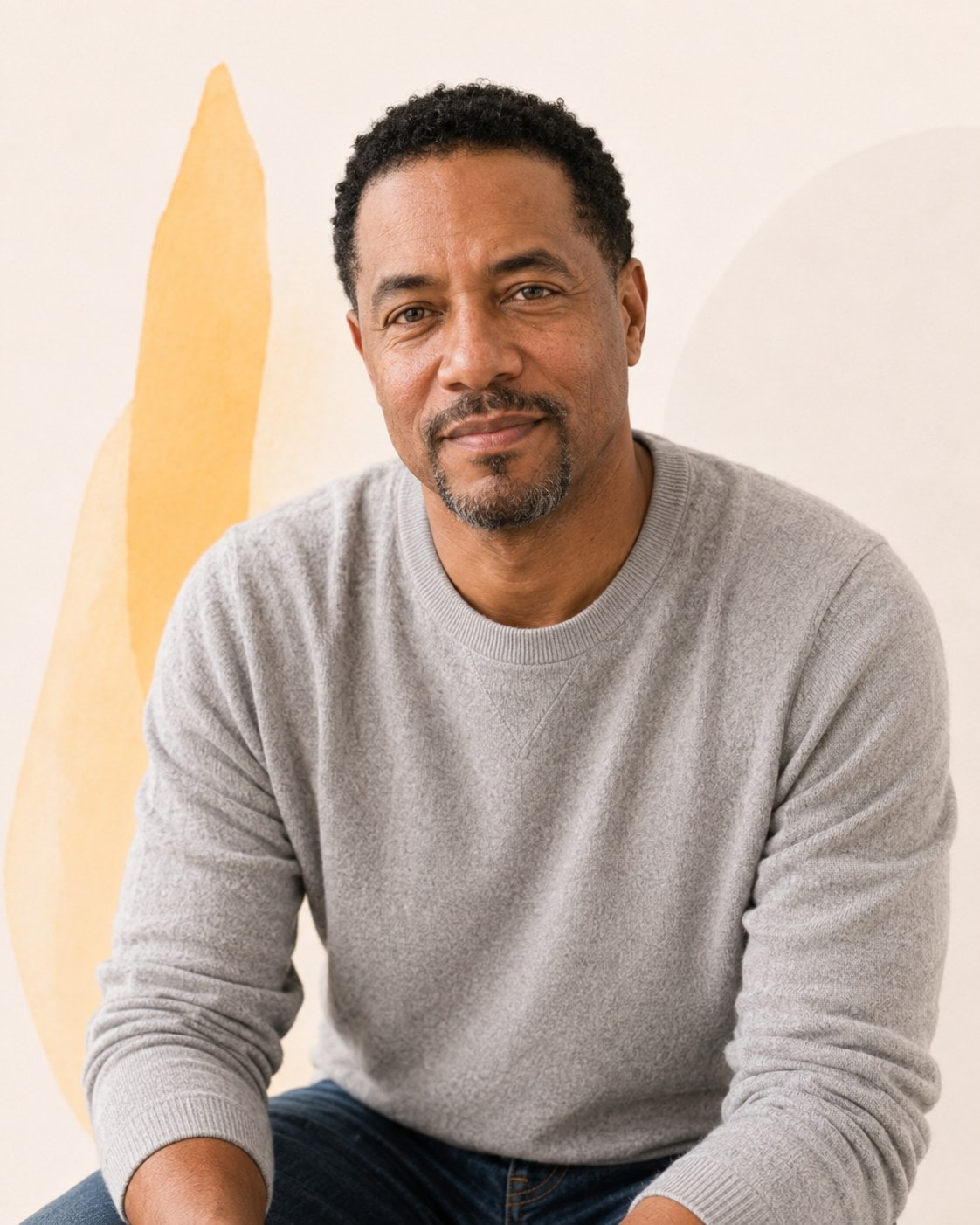 A man with a short beard in a grey crewneck sweater, sitting upright with a quiet, steady expression.