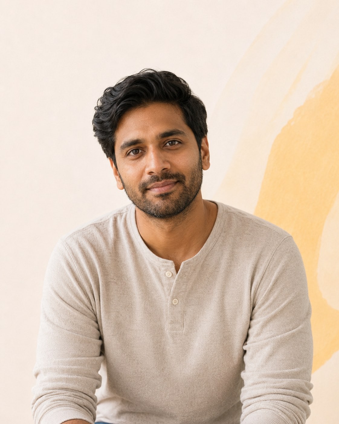 A man with dark hair and a trimmed beard in a cream henley, hands together, looking thoughtful.