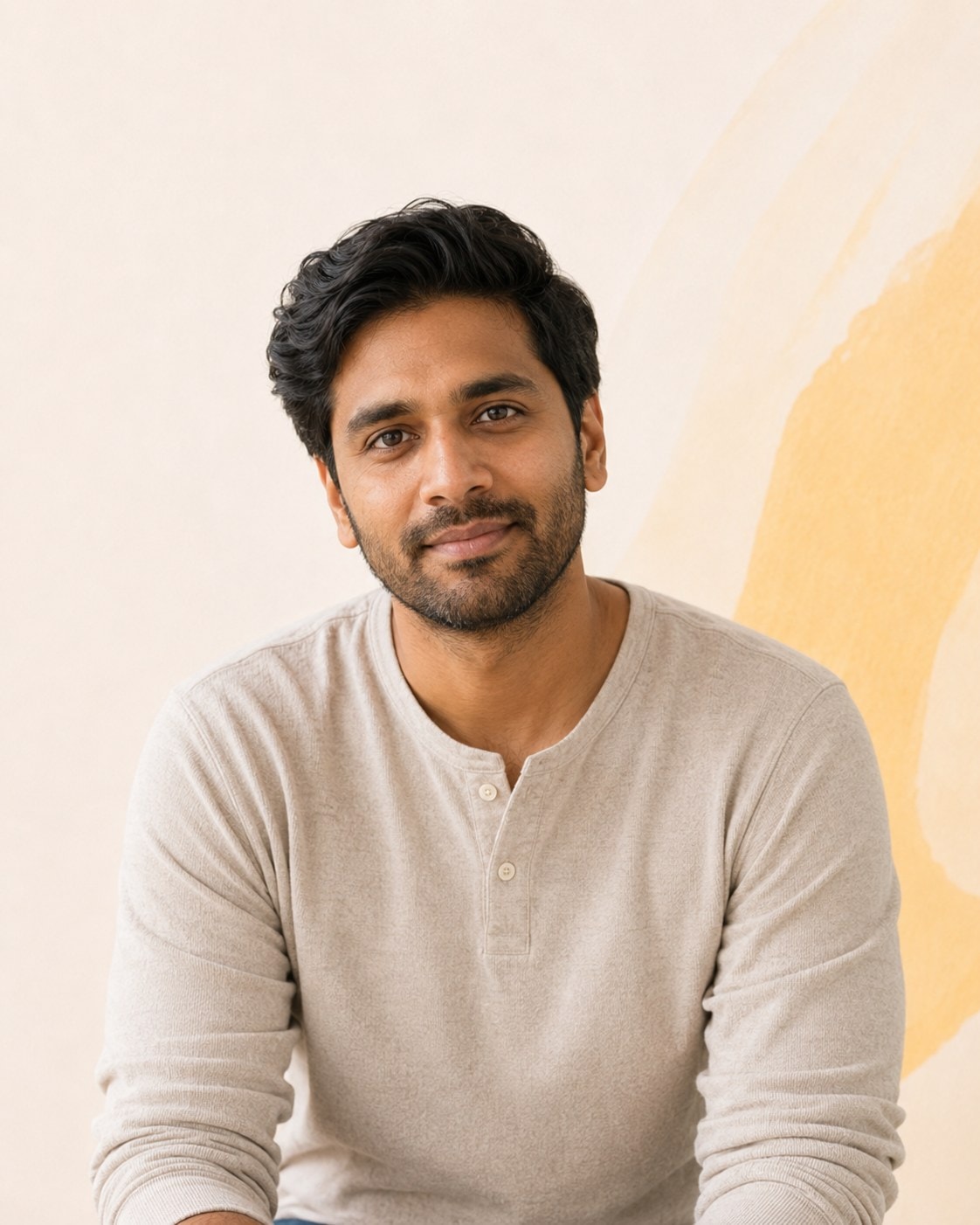 A man with dark hair and a trimmed beard in a cream henley, hands together, looking thoughtful.