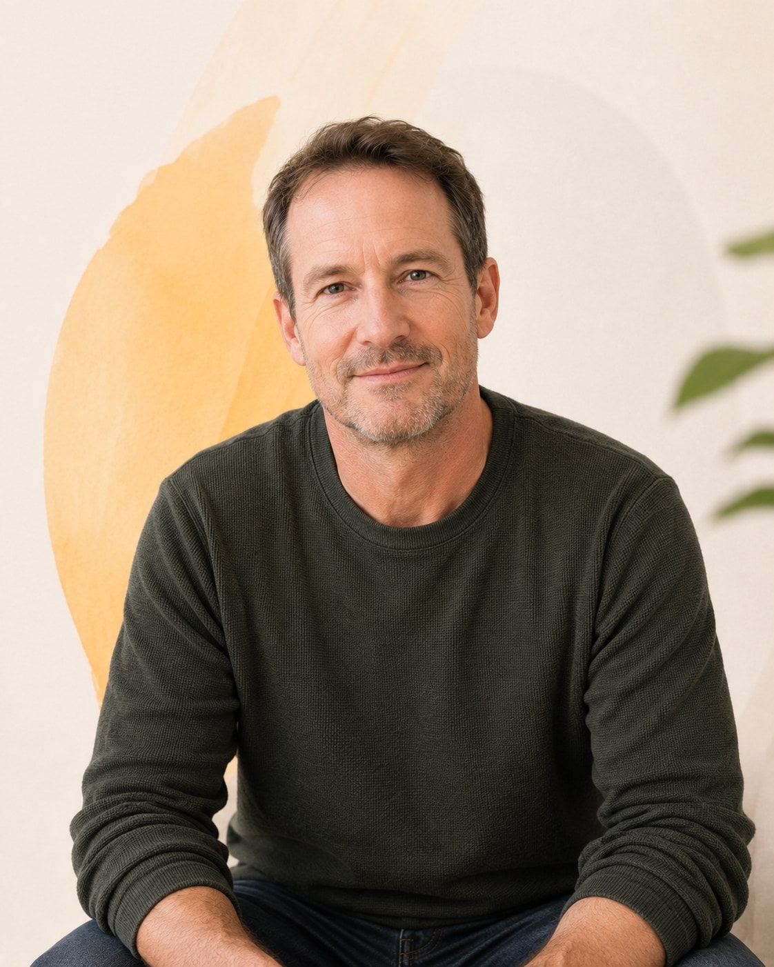 A man with greying stubble in a dark green sweater, sitting forward with a reflective look.