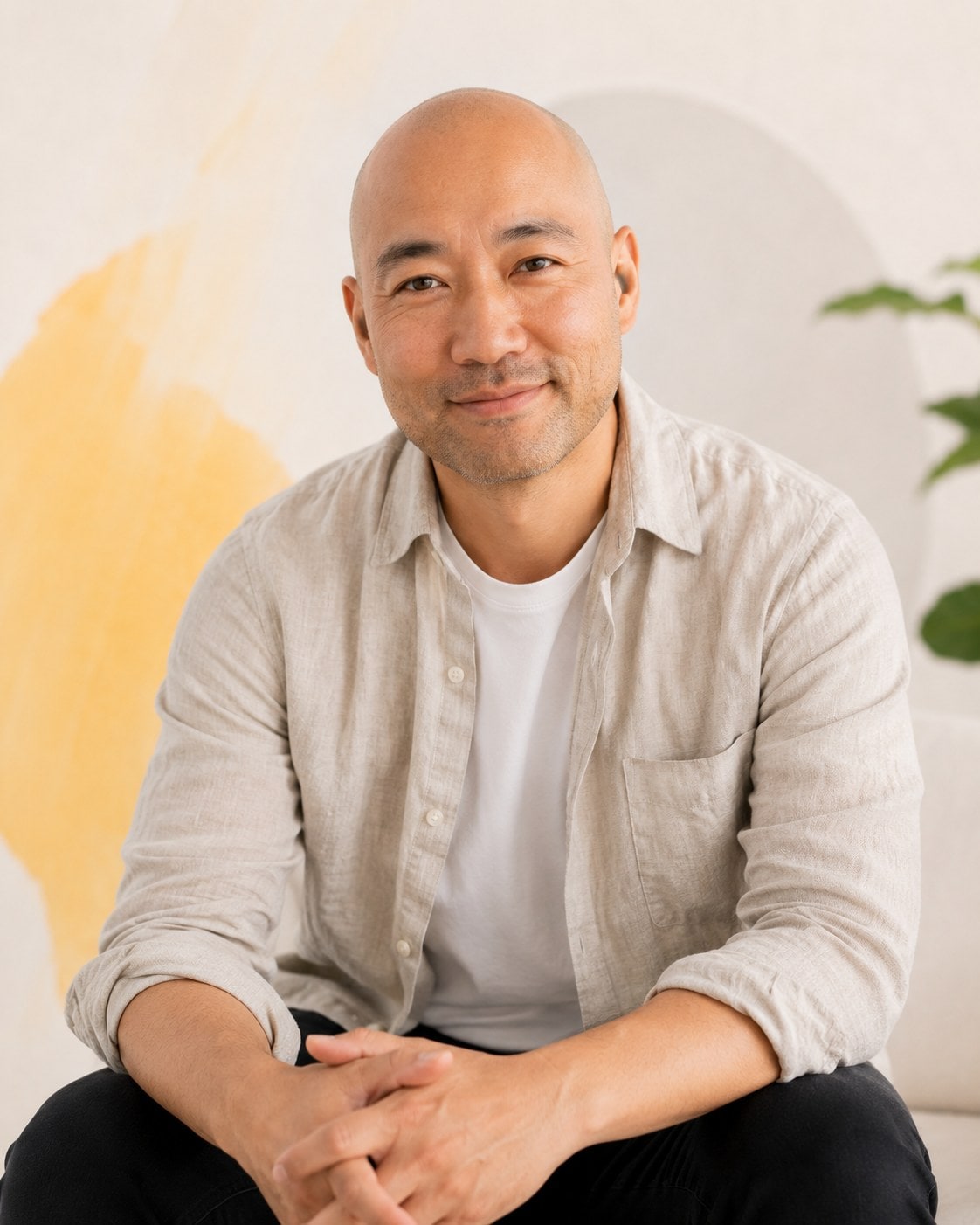 A bald man in a light overshirt, hands clasped between his knees, smiling faintly.