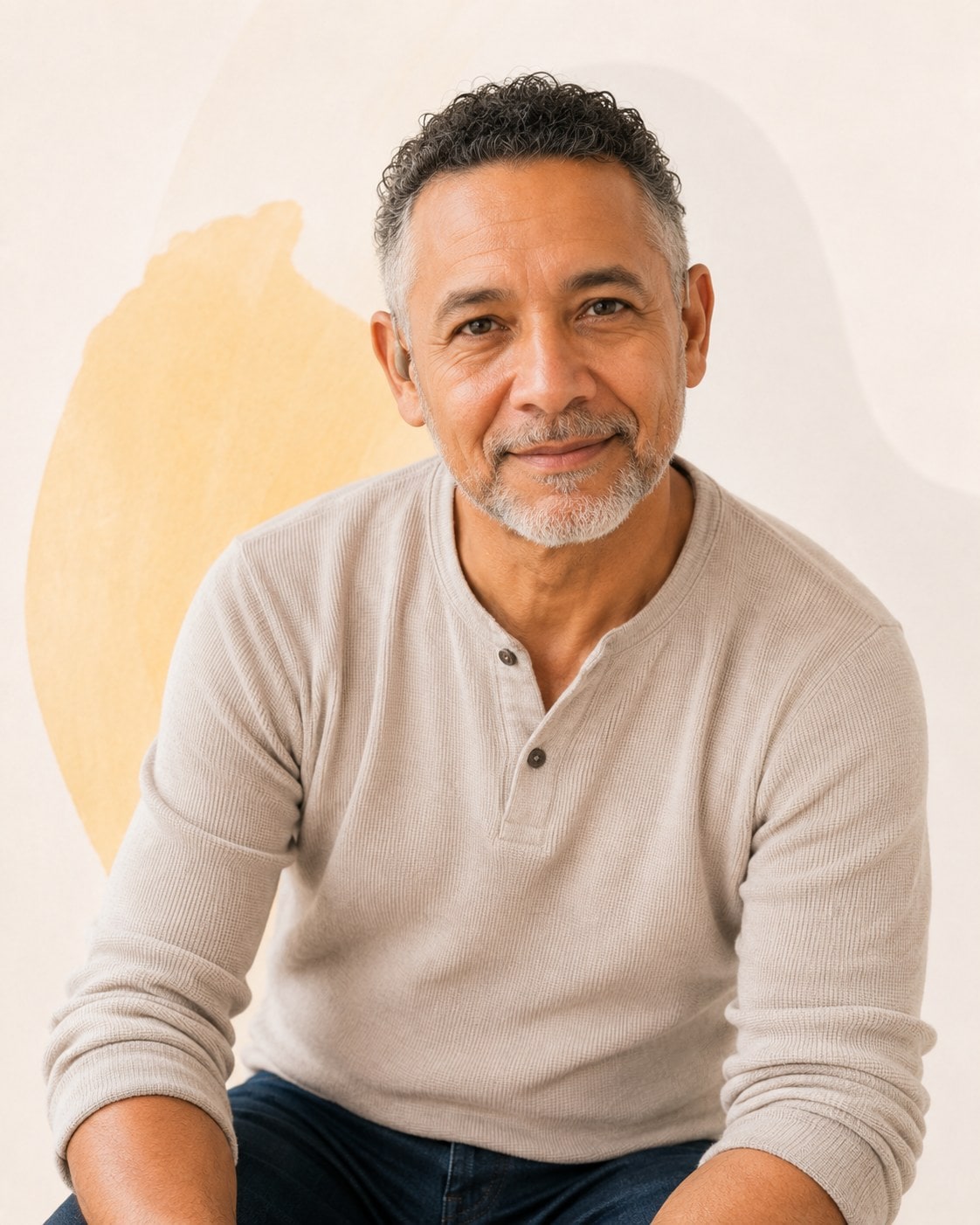 An older man with a grey beard in a light henley, sitting relaxed with a slight, amused smile.